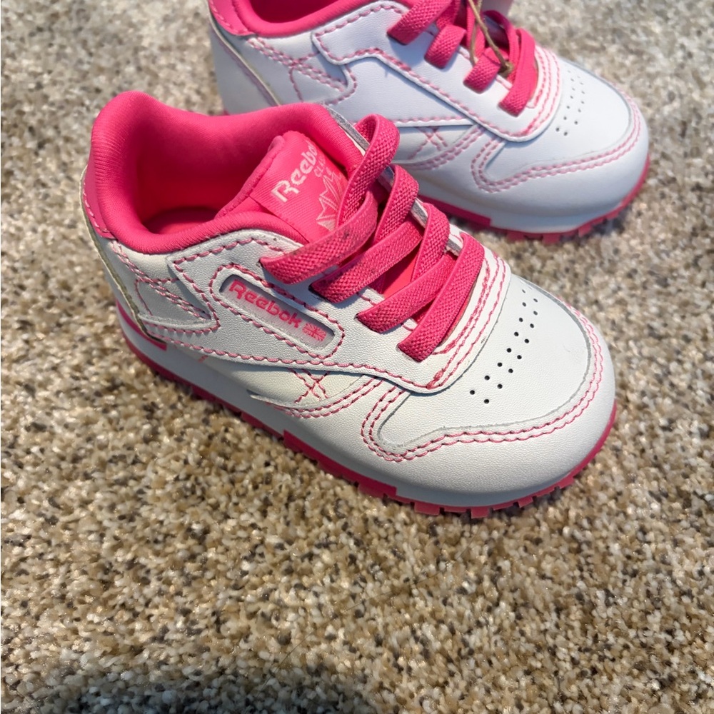 Reebok Kids White and Pink Leather Sneakers